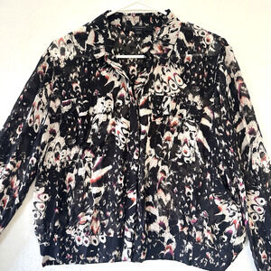 All Saints Women's Medium Cropped Black Print Sheer Blouse Button Down Collared